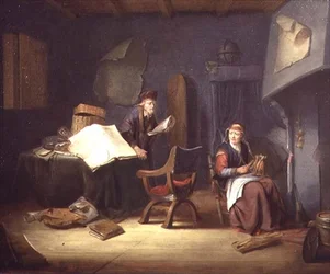 Interior con un erudito y una anciana hilando