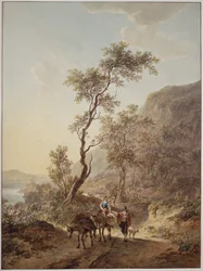 Paisaje italianizante con una pareja de pastores en un camino rural