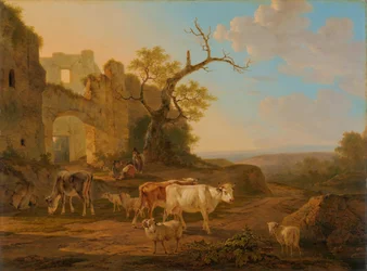 Paisaje con vacas cerca de una ruina