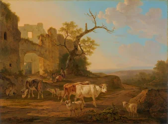 Paisaje con vacas cerca de una ruina