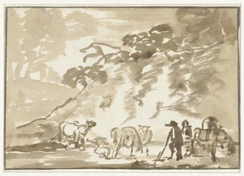 Paisaje con vacas y un pastor