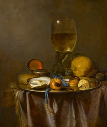 Bodegón con romero, reloj, ostra y fruta
