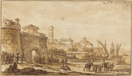 Escena costera con una ciudad fortificada