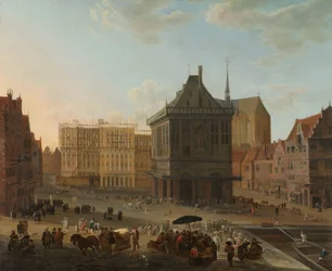 El dique de Ámsterdam con el nuevo Ayuntamiento en construcción