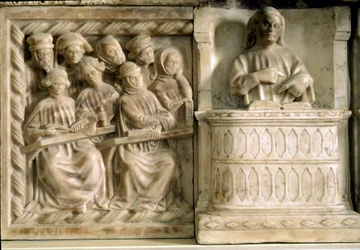 Monumento funerario de Carlo, Roberto y Riccardo da Saliceto: estudiantes asistiendo a un curso