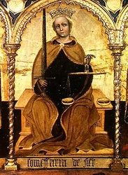 Justicia entre San Miguel y San Gabriel, detalle de Justicia, 1421