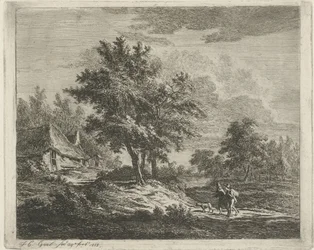 Paisaje con caminantes cerca de tres árboles.
