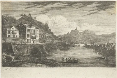 Paisaje fluvial con un hotel en el muelle.