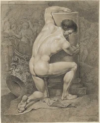 Desnudo masculino arrodillado, brazos alrededor de una columna a la derecha