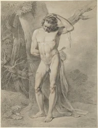 Hombre desnudo de pie, delante de un árbol