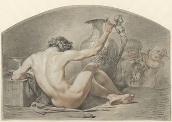 Desnudo masculino sentado, con la mano en el asa de un jarrón