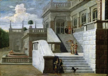 Palacio italiano con escaleras (óleo sobre lienzo)