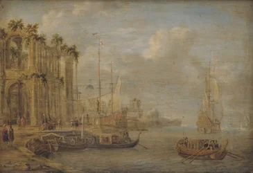 Escena de puerto con ruinas antiguas