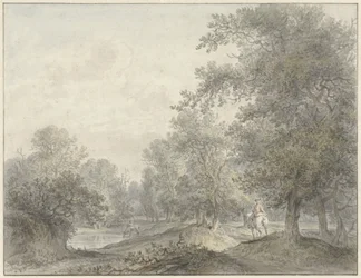 Paisaje forestal con jinete y estanque