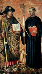 Santiago de Compostela representado como peregrino con el bastón, sombrero y concha. y San Gil el ermitaño (siglo VII), c.1450