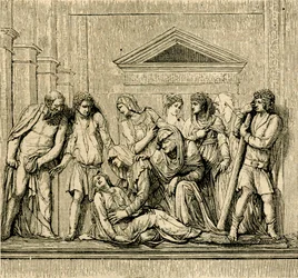 San Antonio revive a una mujer ahogada, relieve en mármol de Jacopo Sansovino (1486-1570), basílica de San Antonio de Padua, Padua, Véneto, Italia.