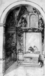 Diseño para una capilla decorada con frescos y un altar con una Lamentación, la Anunciación arriba