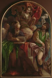 Santa Justina de Padua entronizada con San Sebastián, San Antonio Abad y San Roque, c.1557-60