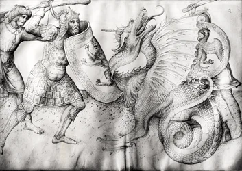 Batalla entre guerreros y un dragón, c.1450 (tinta sobre vitela)