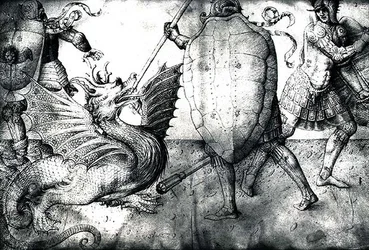 Guerreros luchando contra un dragón, c.1450