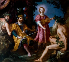 El juicio de Midas, entre el sátiro Marsias y Apolo