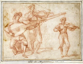 Dos músicos tocando un Chiatarrone y un violín, con un estudio subsidiario del segundo músico