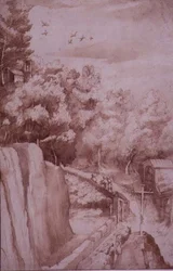 Vista del Monasterio de La Verna, el Camino que Conduce al Monasterio, c.1607-12 (tinta y pluma sobre papel)