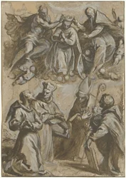 Cuatro santos en adoración y la coronación de la Virgen María