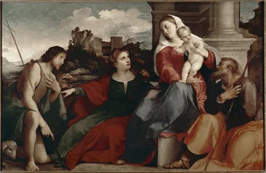 Santa conversación. Representación de la Sagrada Familia con Santa Catalina de Siena y San Juan Bautista