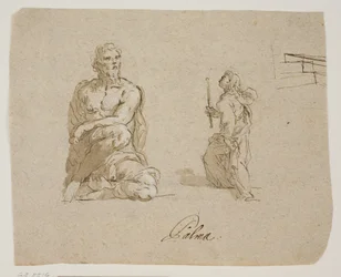 Hombre arrodillado, niña con una vela subiendo escaleras (la Virgen entrando al Templo), boceto en perspectiva para las escaleras