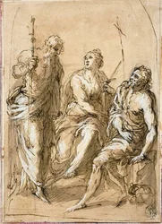 Santa Justina de Padua entronizada, con los santos Santiago el Menor y Juan el Bautista