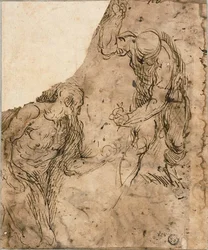 Dos bocetos de desnudos masculinos, uno arrodillado, uno de pie (recto); Tres bocetos: desnudo masculino sentado, desnudo masculino reclinado, cabeza masculina en perfil (verso)