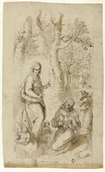 Visión de San Francisco de Asís (recto); San Jerónimo, Visión de San Francisco, y dos pequeños bocetos de San Francisco sosteniendo al Niño Jesús (verso)