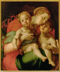 Madonna, niño Jesús y joven San Juan Bautista (pintura sobre madera)
