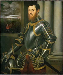 Hombre con armadura de oro damasquinada (pintura sobre lienzo)