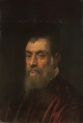 Retrato de un hombre con barba, busto, con una túnica roja