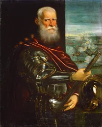 Sebastiano Venier (1496-1578), con la batalla de Lepanto en el fondo