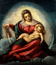 La Madonna y el Niño en una mandorla sobre una luna creciente y nubes, con el libro de la sabiduría