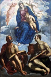 María con el niño, adorada por los evangelistas Marcos y Lucas