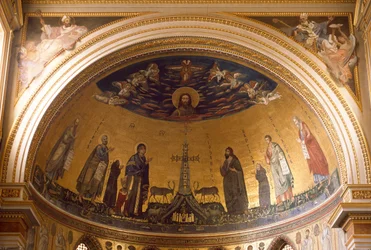 Vista interior del ábside de la Basílica de San Juan de Letrán. Mosaico de Jacopo Torriti (activo hacia 1291-siglo XIV) y Jacopo da Camerino (activo hacia 1288-1331) que representa la Jerusalén Celestial. Roma