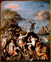 Pesca del coral. Representación alegórica del descubrimiento del Nuevo Mundo. Ninfas acuáticas e indias con las riquezas del mar, coral y conchas de perlas. Hacia 1585, dimensiones: 55 x 45 cm, Roma, Galería Borghese