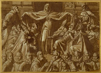 La Madonna della Misericordia con San Francisco y Santo Domingo, con otros santos y gobernantes y una familia de donantes