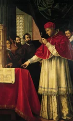 Miguel Ángel presenta al papa León X y al cardenal Giulio de Médicis los modelos de la fachada de San Lorenzo, la Biblioteca Laurenciana y las tumbas de los Médicis.