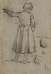 Niño de pie visto desde atrás señalando a la izquierda, y cuatro estudios para su mano izquierda