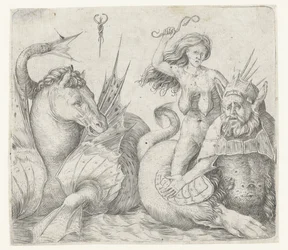 Anciana en la parte posterior del tritón junto al hipocampo Furia en la espalda de Triton