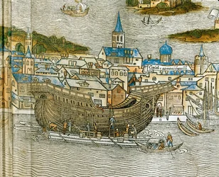 Construcción de una galera en un astillero de Venecia, de Peregrinatio in Terram Sanctam, impreso por primera vez en latín en 1486 ... (xilografía)