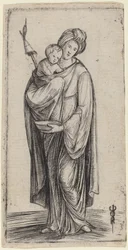 Mujer y niño con rueca