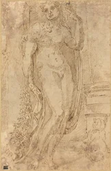 Figura alegórica con un gato y un cerdo, c.1530 (dibujo a pluma y tinta)