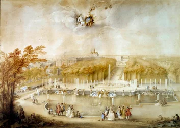Vista en perspectiva de los jardines y parterres del Norte y el castillo de Versalles tomada desde el estanque de Neptuno. Pintura a la gouache de Jacques Andre Porte (1695-1759)