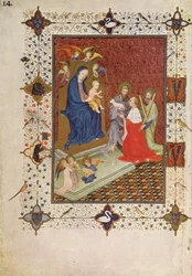 Frontispicio con Juan, Duque de Berry, San Andrés y San Juan rezando frente a la Virgen, francés, de 